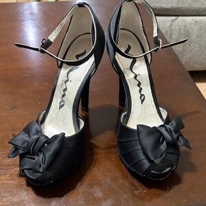 Nina Black Satin Peep-Toe Heels with Bow